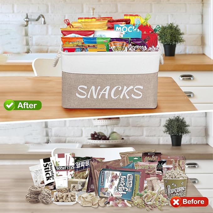Snack Organizer for Pantry, Decorative Snack Basket with 10pcs Chip Clips, Snack Organizer for Desktop, Collapsible Snack Storage Basket Shelf, Office, Kitchen and More (Beige, Medium-2 Pack)