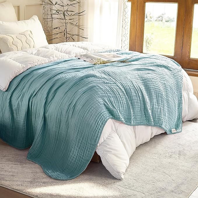 SANACYNA Muslin Blankets for Adults 6-Layer Gauze 100% Cotton Teal Grid Bed Blanket Lightweight Soft and Breathable King Blanket for Sofa Couch Bed Coverlet Both Sides (Teal, King 90" X 104")