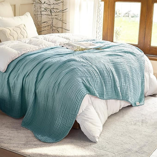 SANACYNA Muslin Blankets for Adults 6-Layer Gauze 100% Cotton Teal Grid Bed Blanket Lightweight Soft and Breathable King Blanket for Sofa Couch Bed Coverlet Both Sides (Teal, King 90" X 104")