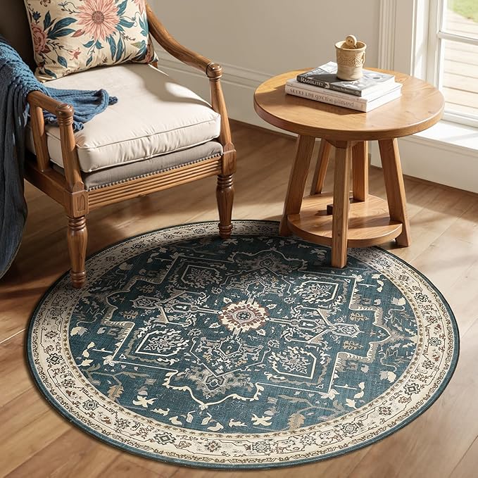 Deep Blue Round Rugs 5ft, Non Slip Washable Thin Circle Rugs for Bedroom Living Room, Traditional Medallion Printed Circle Carpet 5 feet for Kitchen Dining Room