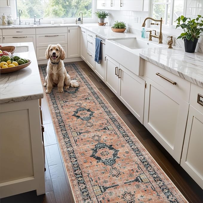 Hallway Washable Runner Rug - 2'6x14 Kitchen Rugs Entryway Rug Runner Vintage Soft Floor Mat Non Slip Indoor Farmhouse Carpet for Bathroom Living Room Bedroom (2'6''x14', Orange)