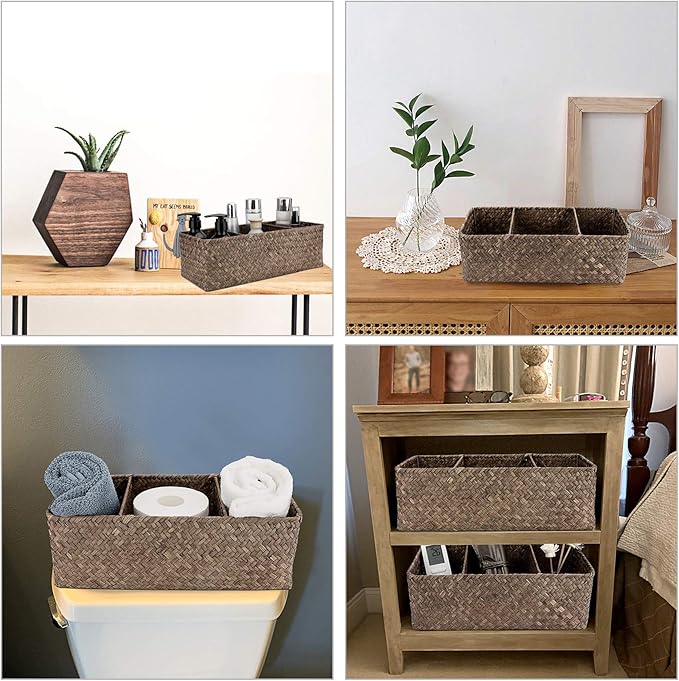 Hipiwe Seagrass Nesting Storage Basket - 3 Compartment Hand-Woven Wicker Toilet Paper Storage Bin Bathroom Organize Basket for Shelves, Kitchen Cabinets, Bathroom, Closets Organizer
