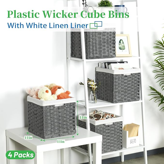 Bidtakay Wicker Storage Baskets for Organizing 4-Pack Hand-Woven Imitation Dark Grey Wicker Cube Storage Bins with Liners for Shelves Closet Cabinet 11x11 Waterproof Cube Organizer for Pantry