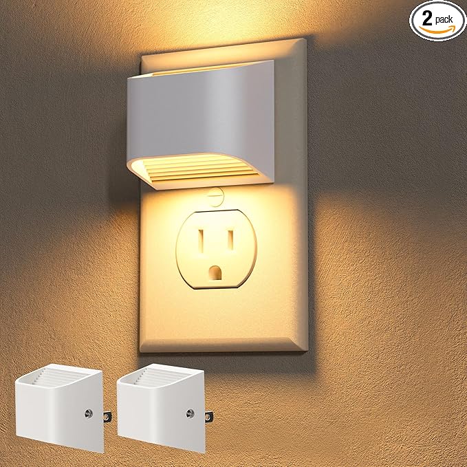 Plug in Night Light 2 Pack - Auto Brightness Sensor Warm White Wall Light