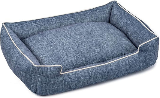 Jax & Bones Dog Bed Lounge - Machine Washable Bed for Dogs - Extra Heavy Duty Bolstered Sides - Large Stonewash Blue Dog Mat Beds | 39 x 32 Inches