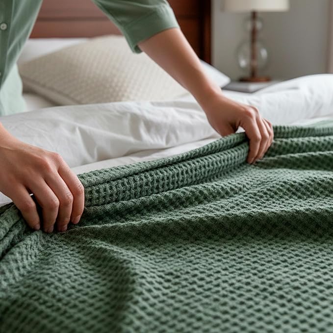 HILLFAIR 100% Combed Cotton Blanket–102x108 Inch California King Size Bed Blankets– Warm Soft All Season Breathable Blankets– Extra Large Oversized California King Blanket- Olive Cotton Blankets