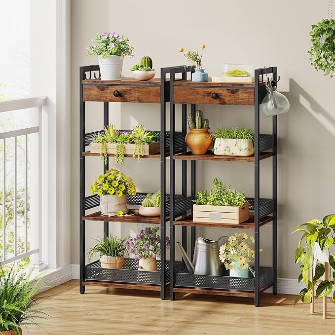 FAVOOSTY 4 Tier Ladder Shelf Stand, Bookshelf with Drawer Storage, Decorative Display Shelves Wood & Metal, Plant Shelf, Standing Shelf Unit for Living Room Bedroom Office Kitchen, Rustic Brown