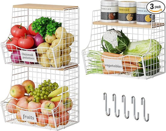 3 Pack Hanging Fruit Basket for Kitchen with Wood Lid - Onion and Potato Storage Fruit Bowl with Nameplate for Counter&Wall Mounted, Stackable Storage Basket, Metal Hanging Wire Baskets White