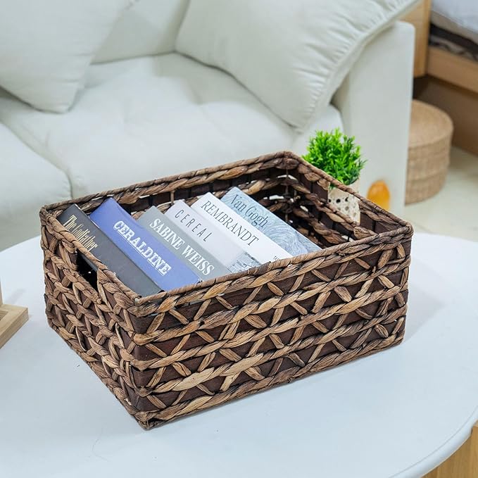 Rectangular Wicker Storage Basket with Iron Structure & Wood Accents, 15.75×11.42×7.09 Inches, Perfect for Home Organization