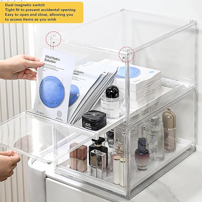 Hat Organizer Cap Box, Stackable Clear Baseball Caps Holder Containers with Magnetic Door for Hats Snapback Cap Storage, Pull Out Drawer Hat Rack Display Case (3pack)