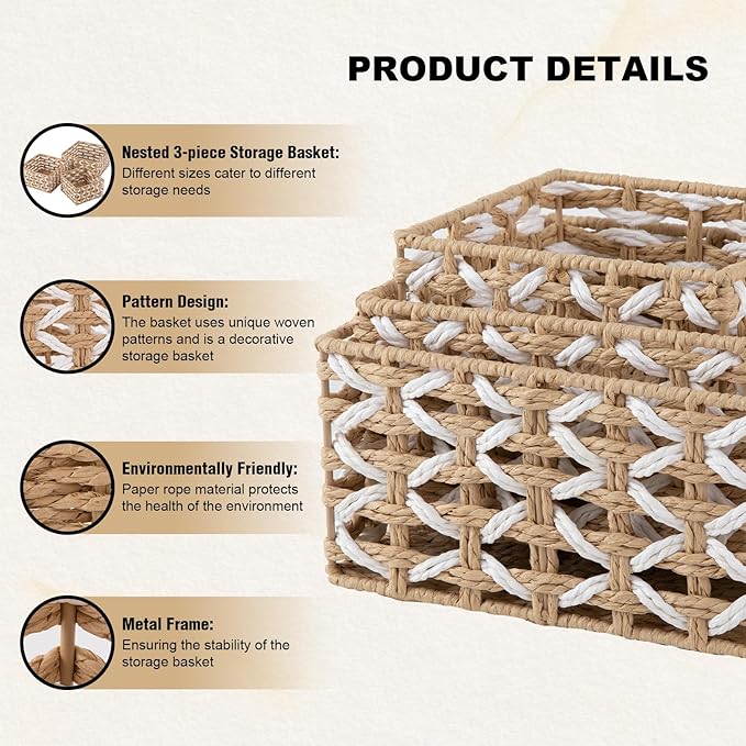 OIAHOMY Storage Baskets Paper Rope Shelf Baskets, Handwoven Small Wicker Bins for Home, Set of 3-Yellow & White