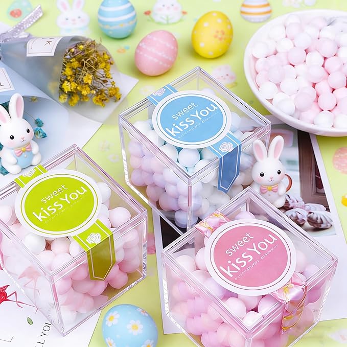 KissYou Acrylic Box with Lid 2 Packs Clear Display Boxes Stackable Storage Bins Plastic Square Cube for Cookie Candy Birthday Party
