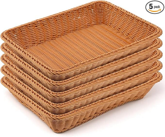 5 Pack 15.8 Inch Large Wicker Bread Baskets, Brown Woven Serving Basket Trays for Food, Bread, Fruits, Vegetables, Snacks - PVC Rattan Display for Restaurant & Home
