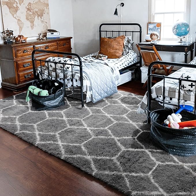 ONASAR 7x9 Area Rugs for Living Room Bedroom, Large Fluffy Grey and White Throw Rug, Geometric Soft Plush Shaggy Indoor Floor Carpet for Nursery Kids Girls Boys Teen Dorm Home Decor Aesthetic