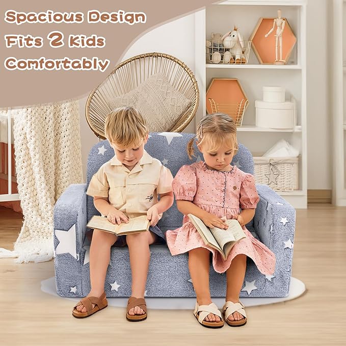 Extra Wide Kids Couch, 2-in-1 Soft Couch with Blanket, Glow in The Dark, Comfy Chair with Cloud Pillow, Convertible Sofa, Star