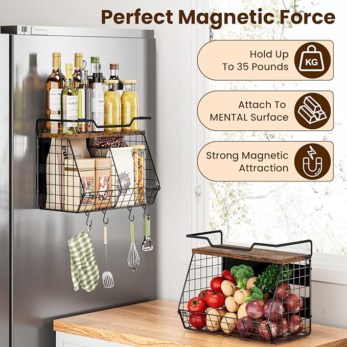 Magnetic Shelf for Fridge with Wood Lid & 4 Hooks, Fruit Potato & Onion Storage Bins, Pantry Organizer & Storage, Large Container Magnetic Spice Rack for Refrigerator, Kitchen Counter & Cabinet