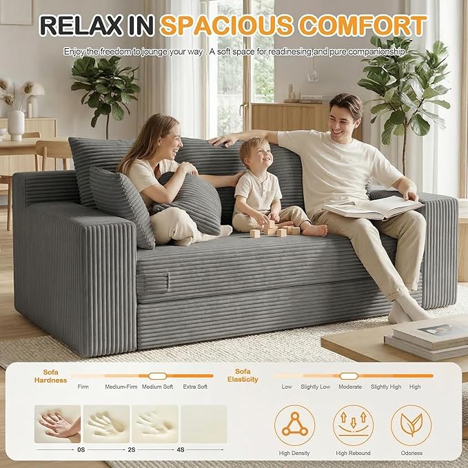 Oversize Loveseat Boneless Convertible Sofa Bed, Folding Floor Futon Sleeper Sofa Queen Size Couch Bed- Boneless Foldable Couch, Corduroy Pull Out Sofa Bed with 5 Pillows for Living Room & Bedroom