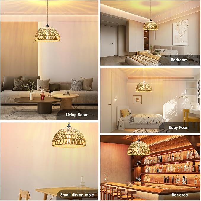 Plug in Pendant Light Rattan Hanging Lamp with 15 Ft Hemp Rope Cord, Wicker Hanging Lights with Bamboo Basket Lamp Shade,Dimmable Switch Woven Boho Plug in Ceiling Light for Living Room Bedroom