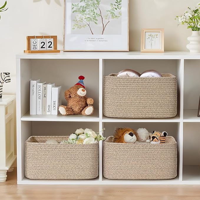 2 Pack Large Storage Basket for Organizing, 17.5"x13"x7" Woven Basket for Shelves, Closet Cube Storage Bins with Wrapped Handle, Cotton Rope Baskets for Kitchen, Clothes, Toys (Natural))