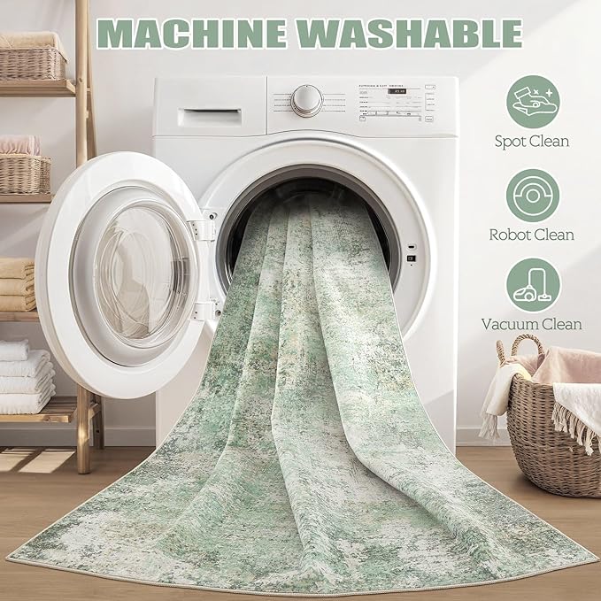 Area Rug Living Room Rugs - 5x7 Large Soft Indoor Neutral Modern Abstract Low Pile Washable Rug Carpet for Bedroom Dining Room Farmhouse Home Office - Green Grey