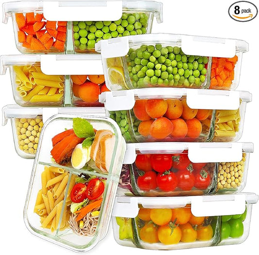 HOMBERKING 8 Pack Glass Meal Prep Containers 3 Compartment, 33oz Glass Food Storage Containers with Lids, Airtight Lunch Bento Boxes, BPA-Free & Leak Proof (Set of 8) - White