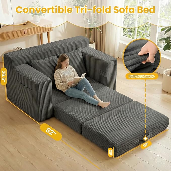 Boneless Loveseat Sleeper Sofa Bed: 3-in-1 Convertible Sofa Bed with Side Pockets & Handle,Pull Out Couch with 2 Pillows,Folding Futon for Small Space,Living Room & Bedroom,Corduroy Fabric,No Assembly