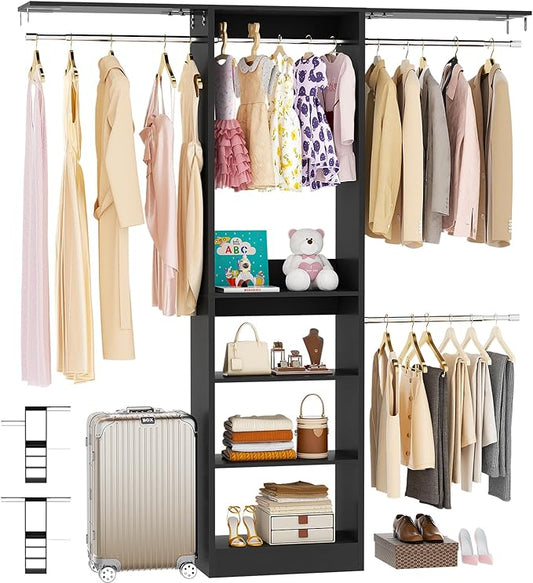 48" Closet Organizer System, 4FT Closet System for Small Closets with 4 Hanging Rods & 3 Shelves, 80"H Small Closet Organizers and Storage for Bedrooms, Cloakrooms, Black