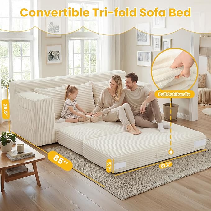 Boneless Couch Sleeper Sofa Bed: 3-in-1 Convertible Sofa Bed with Side Pockets & Handle,Pull Out Couch with 3 Pillows,Folding Futon for Small Space,Living Room & Bedroom
