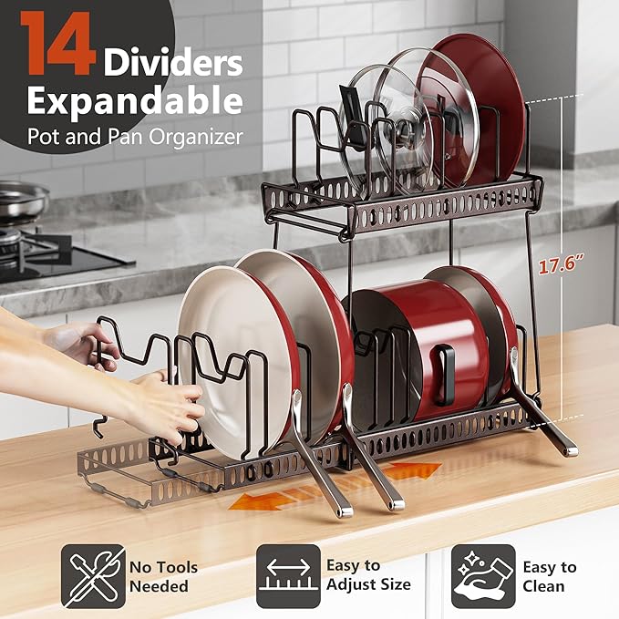 Pan Organizers Inside Cabinet, 2 Tier 14 Dividers Expandable Pot Lid Rack Holder Organizer Under Cabinet,3-Pack Kitchen Cabinet Storage for Flying Pot, Pans, Cookware, Baking Sheet, Bronze