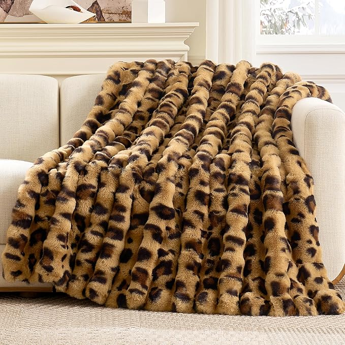 Cozy Bliss Cheetah Leopard Print Faux Fur Throw for Couch, Fuzzy Soft Plush Thick Bubble Blanket for Sofa Bedroom Living Room, 60x80 Inches Brown