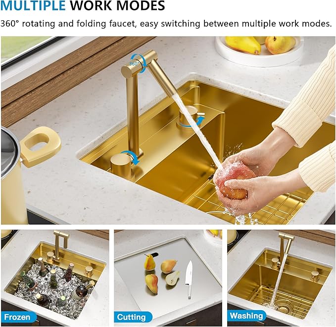 18"x18" Undermount RV Kitchen Sink – 16 Gauge 304 Stainless Steel Brushed Gold NANO-PVD Single Bowl Sink with Foldable Faucet, for RV, Camper, Mobile Home, Wet Bar
