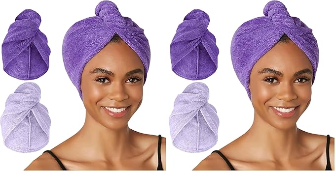 Turbie Twist 4-Pack Microfiber Hair Towel for Beauty, Travel, Gifting - Hair Wrap Turban for Straight, Wavy & Curly Hair - Premium Personal Care - Dark Purple & Light Purple