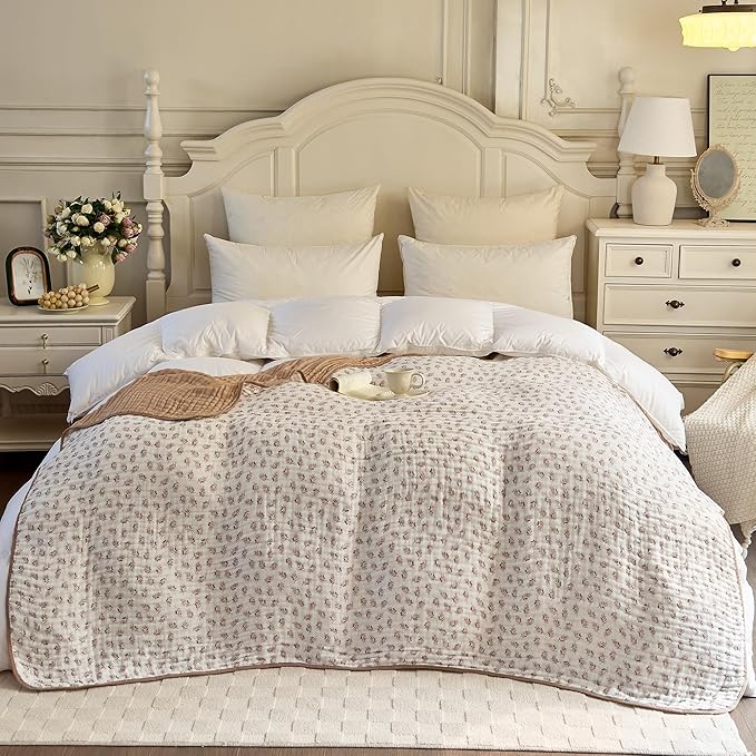Muslin Blankets 100% Cotton 6-Layer Gauze Floral Pattern Throw Blanket Lightweight Soft and Breathable Queen Bed Blanket for Sofa Couch Bed Coverlet Both Sides (Leaves Tan, Queen 90" X 90")