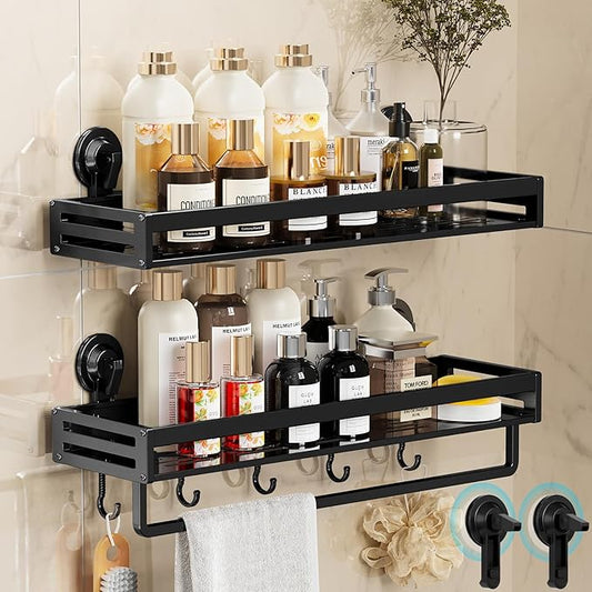 Shower Caddy Suction Cup, 11.8 inch 2 Pack Suction Shower Shelf with Hooks NO-Drilling Bathroom Holder, Rustproof Bathroom Organizer, Black,Includes 2 Extra Suction Cups for Replacement Use