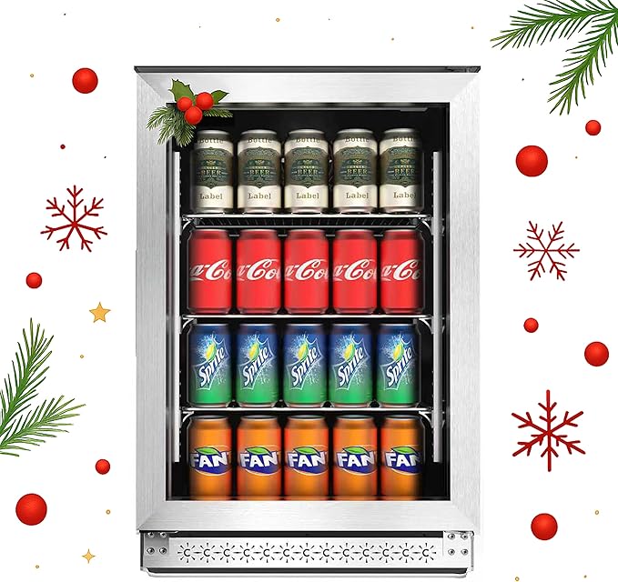 20 Inch Under Counter Beverage Fridge with Glass Door, Beverage Refrigerator Cooler 120 Can,Built in or Freestanding,Fast Cooling,Quiet ≤39 dBs,Blue LED Light Cooler for Bar, Home, Office