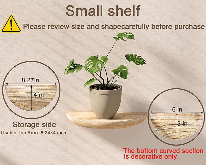 Floating Wall Shelves Set of 2 - Solid Wood Half Round Shelves for Bedroom & Bathroom