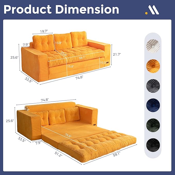 MAXYOYO Convertible Sofa Bed, Pull Out 3 Seater Sleeper Sofa, 2 in 1 Folding Couch Bed, Fold Out Floor Couch with Pillows for Living Room Bedroom Lounge, Orange