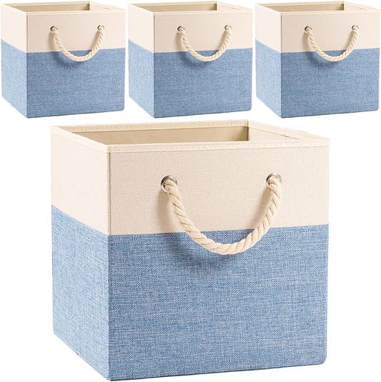 Large Foldable Cube Storage Bins 11x11 inch [4-Pack] Fabric Linen Storage Baskets Cubes Drawer with Cotton Handles Organizer for Shelves Nursery Closet Bedroom Beige/Blue