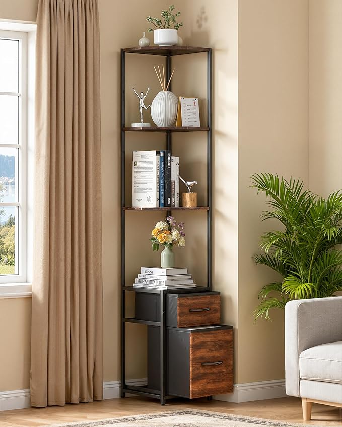 Corner Shelf Stand 6-Tier - 63.8" Tall Corner Bookshelf with Storage Drawers