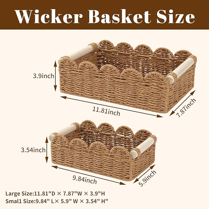 2-Pack Wicker Storage Baskets, Small & Big Scalloped Laundry Baskets for Shelves, Boho Bathroom Decor Organizer with Handles for Toilet Paper, 11.8x7.9x3.9 & 9.8x5.9x3.5 Inch