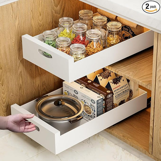 HBL' 2 Pack | 21" Deep Pull Out Cabinet Organizer Adhesive, 12-Inch Wide Sturdy Carbon Steel Roll-Out Drawers for Face Frame or Frameless Cabinets,Slide-Out Shelves for Pantry.