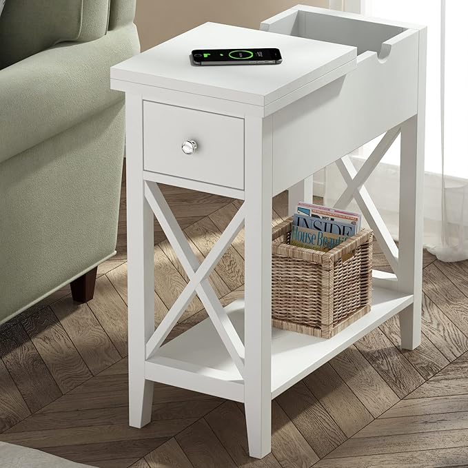 ChooChoo End Table, Flip Top Narrow End Table with Drawer, Accent Small Side Table Nightstand for Living Room, Bedroom, and Small Spaces, White