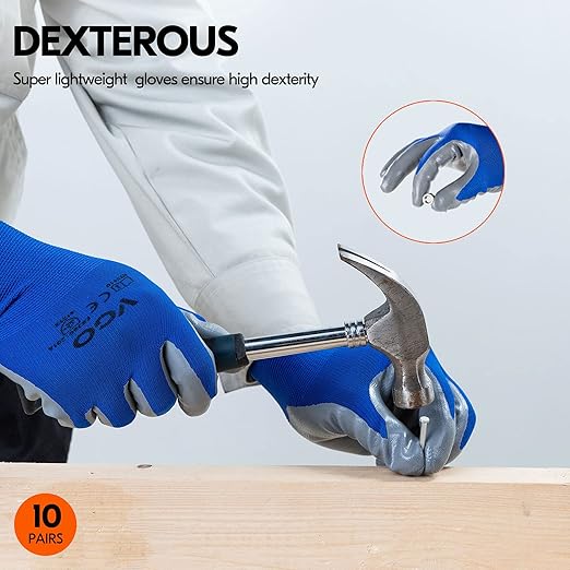 10-Pairs Safety Work Gloves, Gardening Gloves, Non-slip Nitrile coating, Dipping Gloves (Size S, Blue, NT2110)