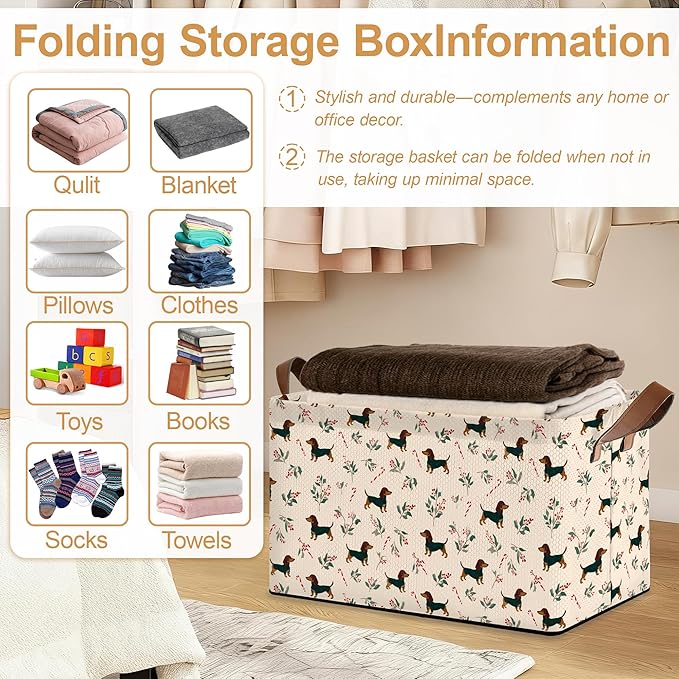 Christmas Dachshund Storage Bin with Handles, Basket Storage Organizer for Shelves, Closet, Nursery, Book, Laundry Hamper & Home Decor