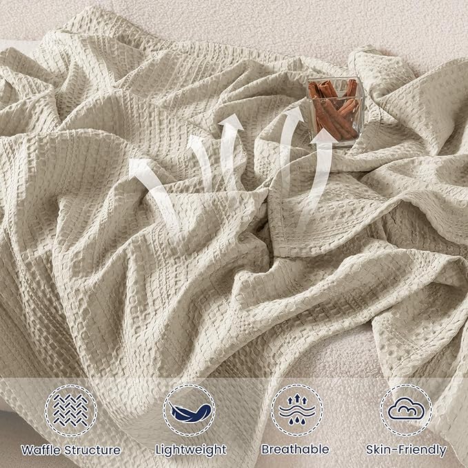 PHF Lightweight Waffle Weave Blanket King Size 104"x 90", Soft Woven Summer Blanket for Hot Sleepers - Aesthetic Home Decor for Couch Bed Sofa, Pet Friendly, Natural/Linen