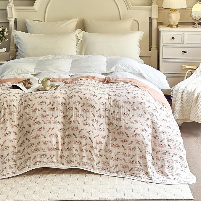 SANACYNA Muslin Blankets 100% Cotton 6-Layer Gauze Floral Throw Blanket Lightweight Soft and Breathable Bed Blanket for Sofa Bed Coverlet Both Sides (Floral, Throw 50"x60")