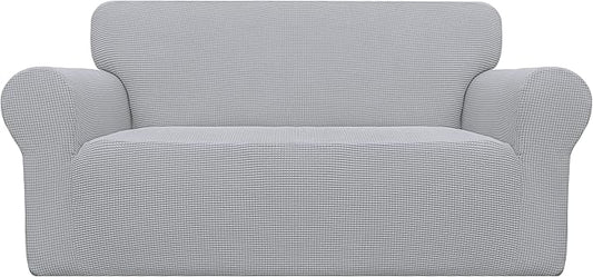 Easy-Going Stretch Loveseat Slipcover 1-Piece Sofa Cover Furniture Protector Couch Soft with Elastic Bottom for Kids Polyester Spandex Jacquard Fabric Small Checks (Loveseat, Silver Gray)