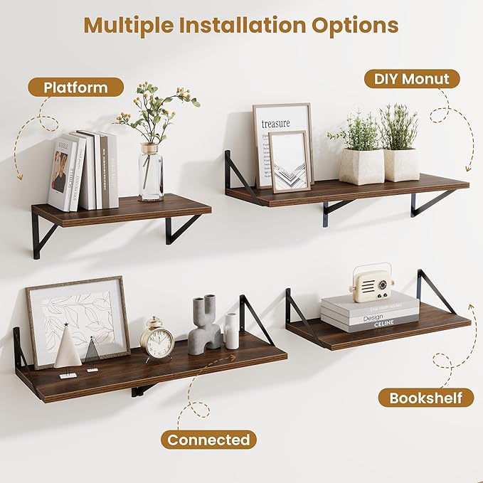 Deep Floating Shelves,16" Wx10 D Floating Shelves for Wall Set of 2,Heavy Duty Wood Floating Shelf with Metal Bracket,Wall Mounted Hanging Shelf for Living Room Bedroom Bathroom Kitchen,Walnut