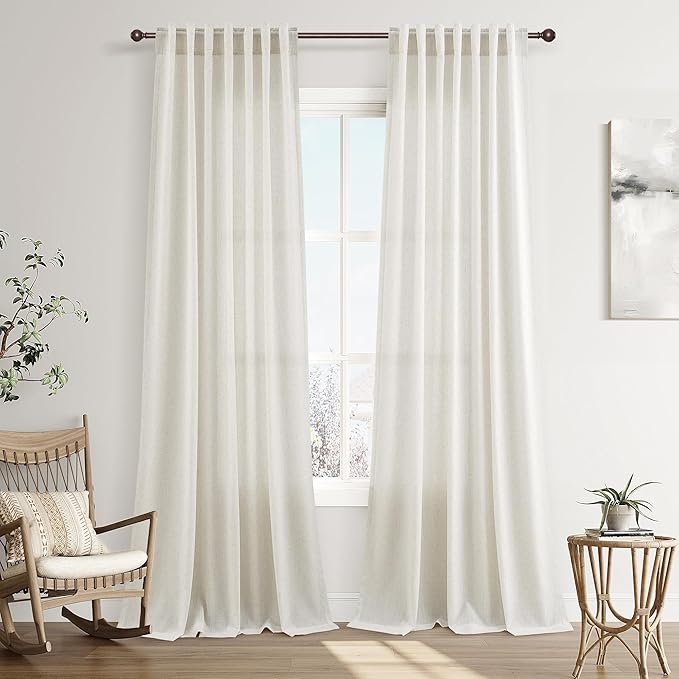 Joywell Beige White Back Tab Rod Pocket Linen Curtains 100 Inches Long 2 Panels for Living Room Bedroom Neutral Boho Farmhouse Rustic Light Filtering Semi Sheer Curtains Window Treatment 52x100