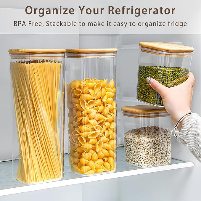 Square Storage Containers with Lids, Clear Food Storage Container Jar with Sealing Bamboo Lid for Noodles Flour Cereal Rice Sugar Tea Coffee Beans (20oz*5/40oz*2/67oz*1)